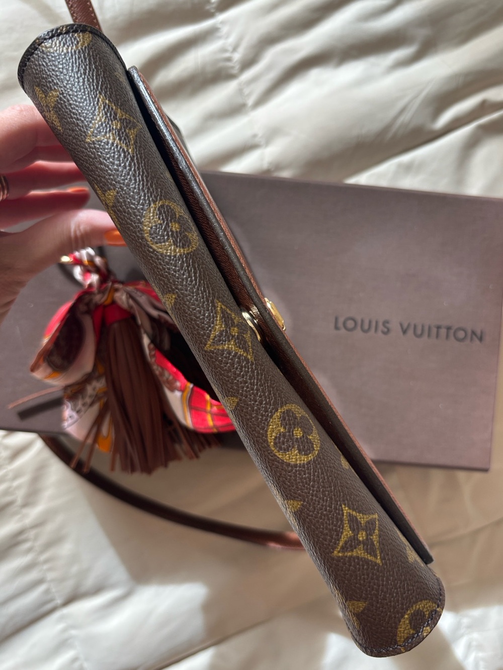 Louis Vuitton Bordeaux Monogram Crossbody Purse Brown Tan Trim Vintage with Box - Picture 11 of 15